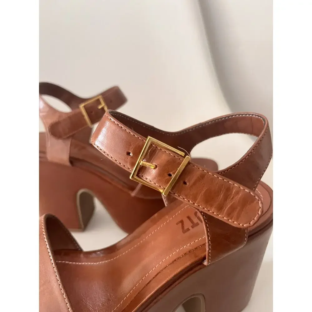 Schutz Tuke Platform Sandals Womens US 5.5 Cognac Brown Leather Chunky Heel NWOB